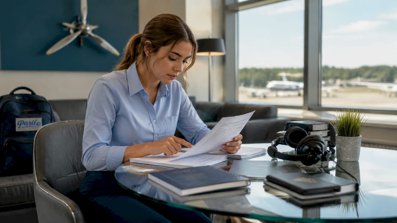 Pilot trainee reviewing flight training paperwork