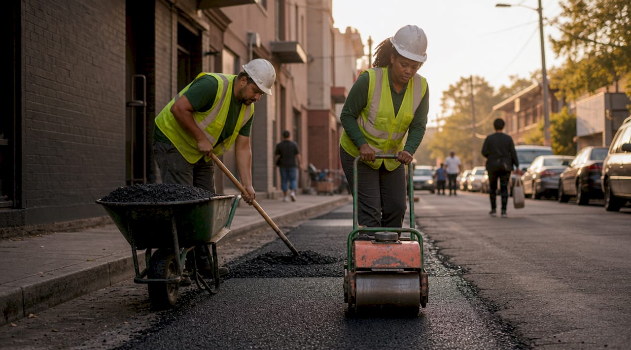 Workers installing recycled eco-pavement outdoors