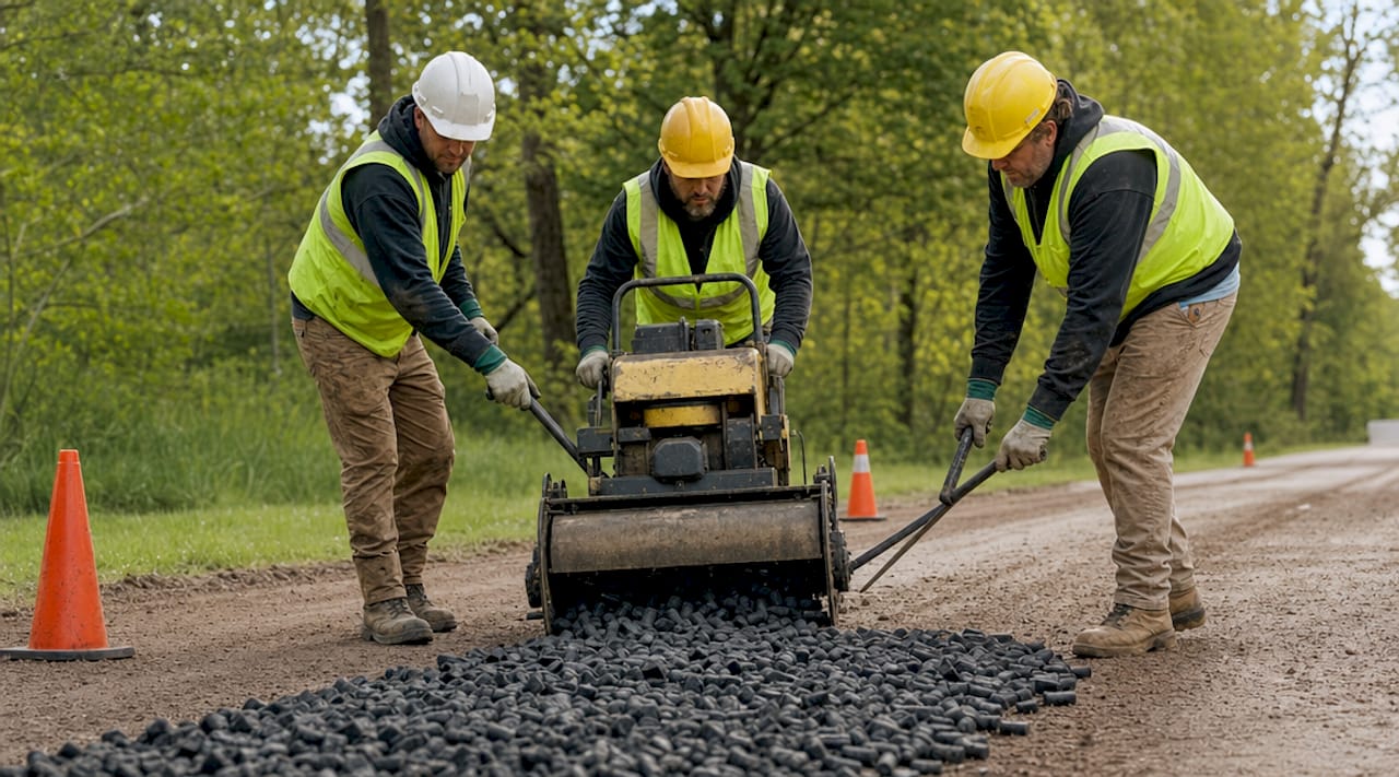 Workers applying rubber paving on dirt road