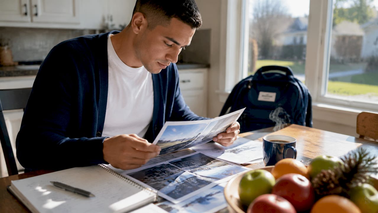 Aspiring pilot reviewing flight school options at desk