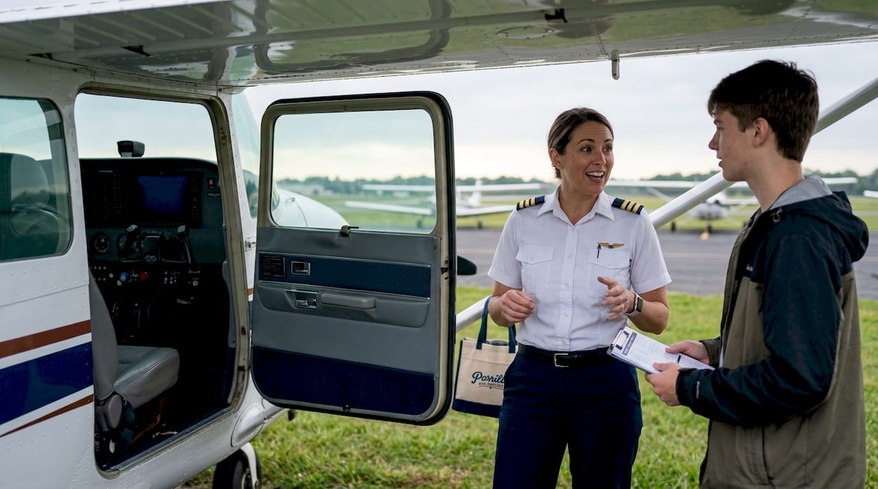 Flight instructor advising student pilot near training airplane