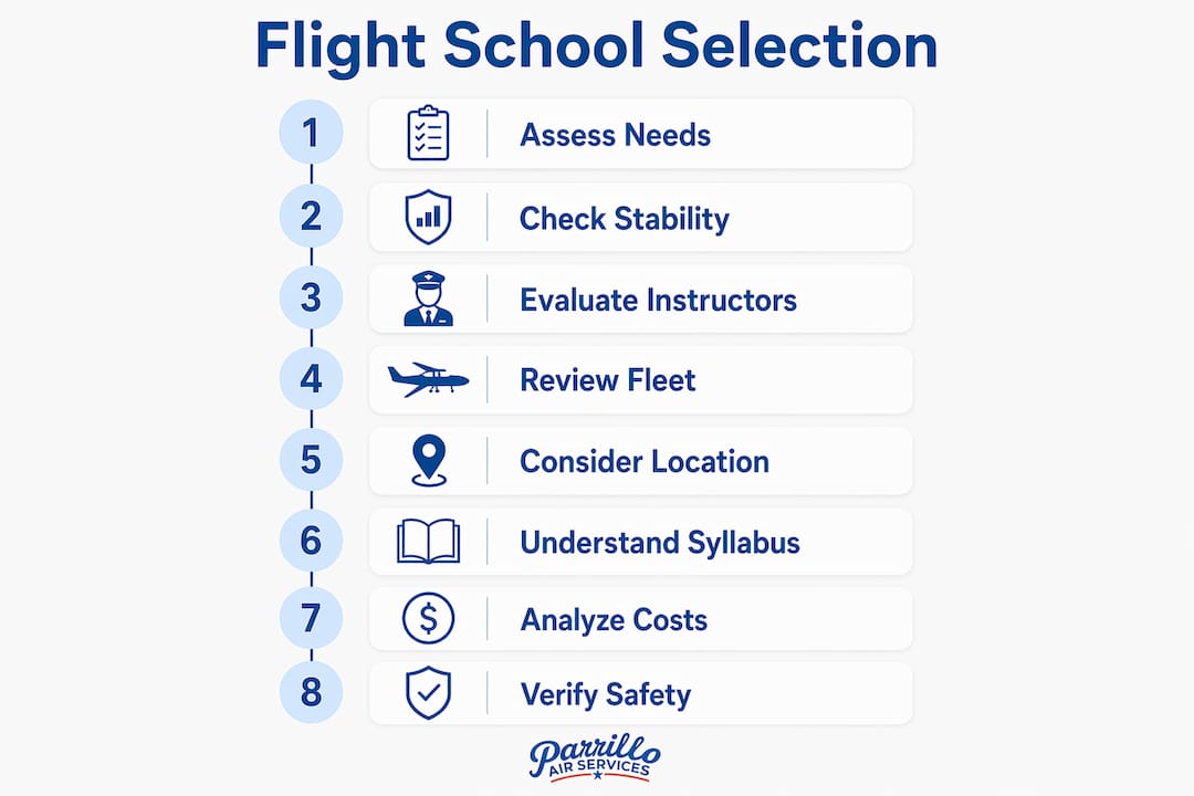 Infographic illustrating key steps to select flight school