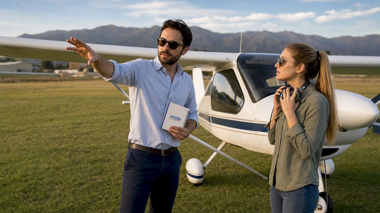 Flight instructor teaching student on airfield