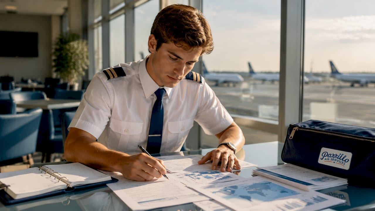 Pilot trainee reviewing job market documents