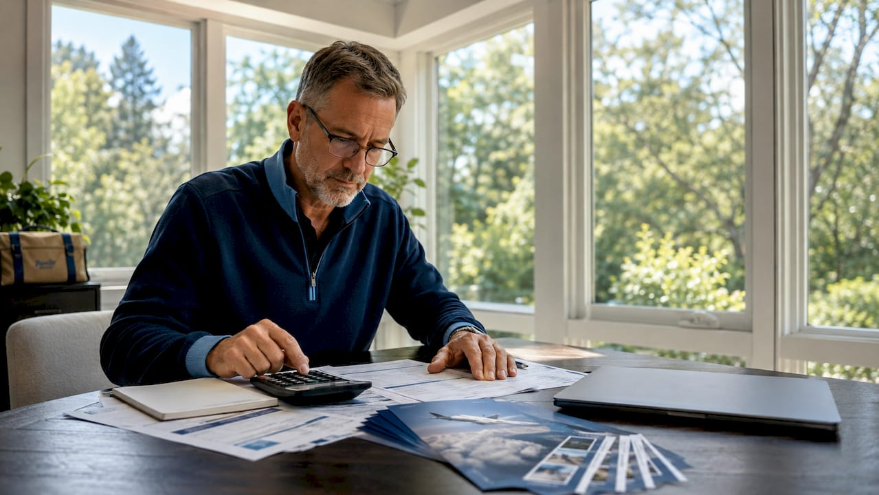 Man reviewing flight training finance documents at desk