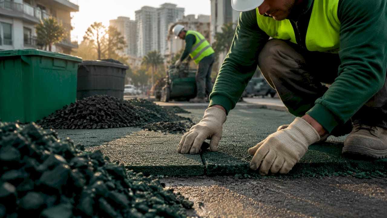 Construction workers installing sustainable pavement