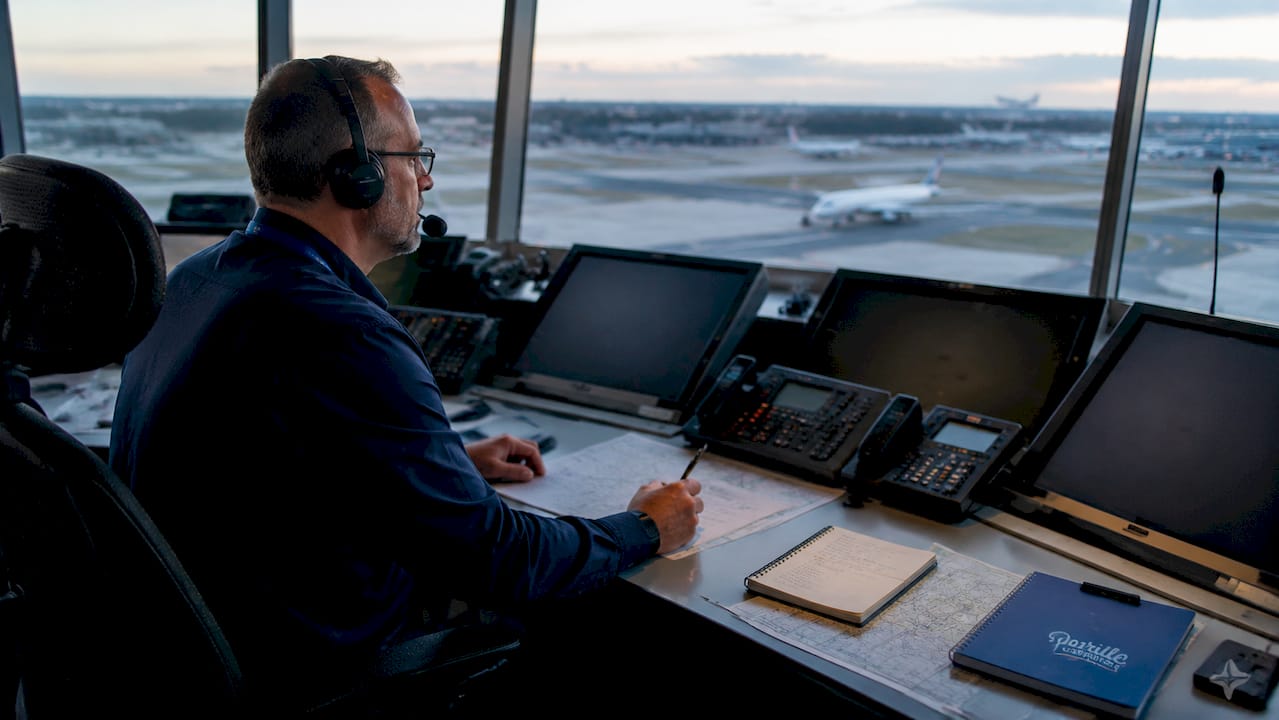 Tower controller monitoring airport ground traffic