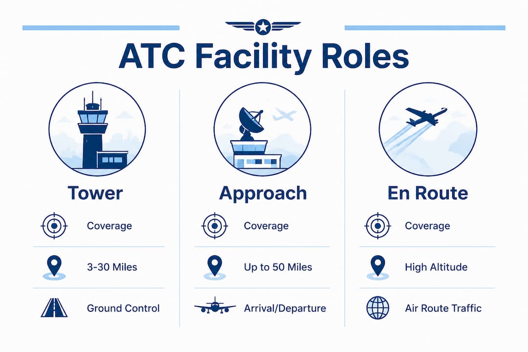 Infographic comparing air traffic control facility roles