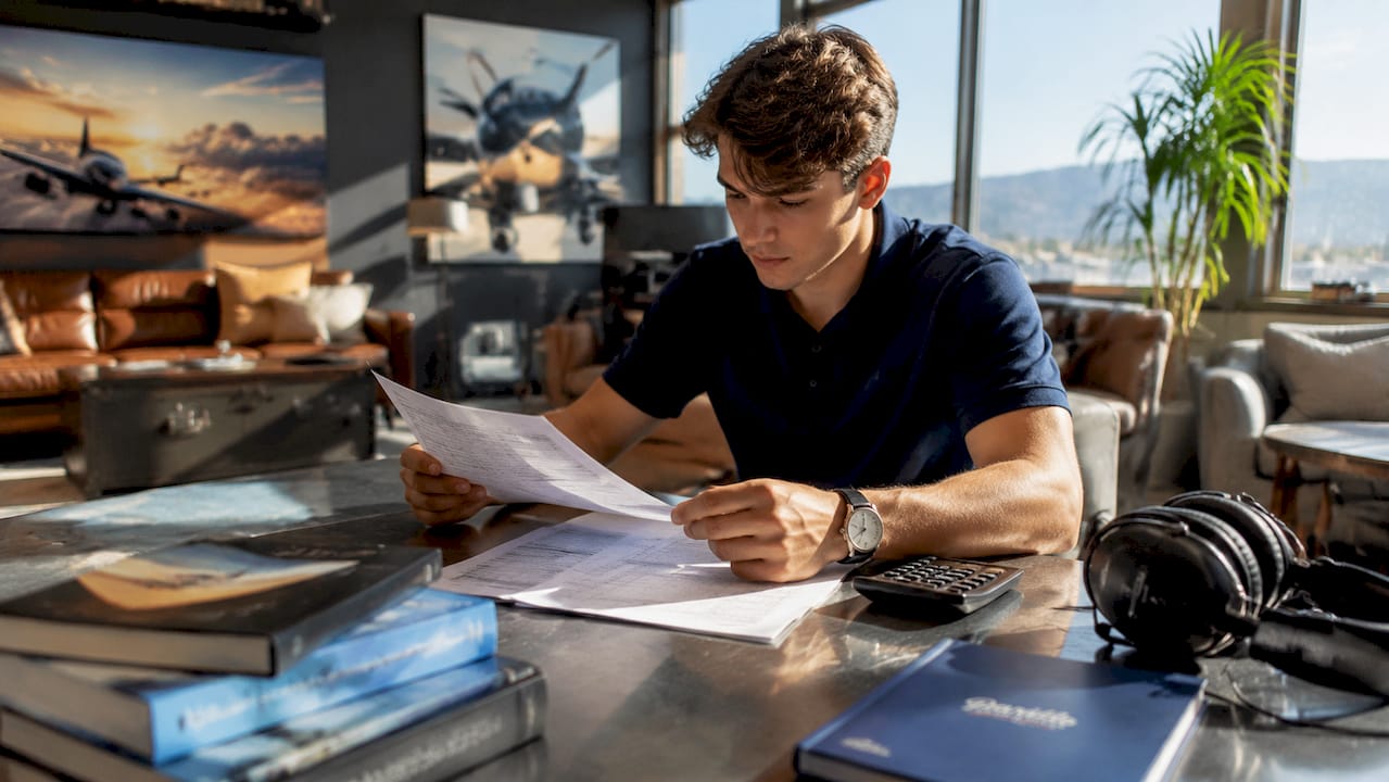 Pilot trainee reviewing flight training costs