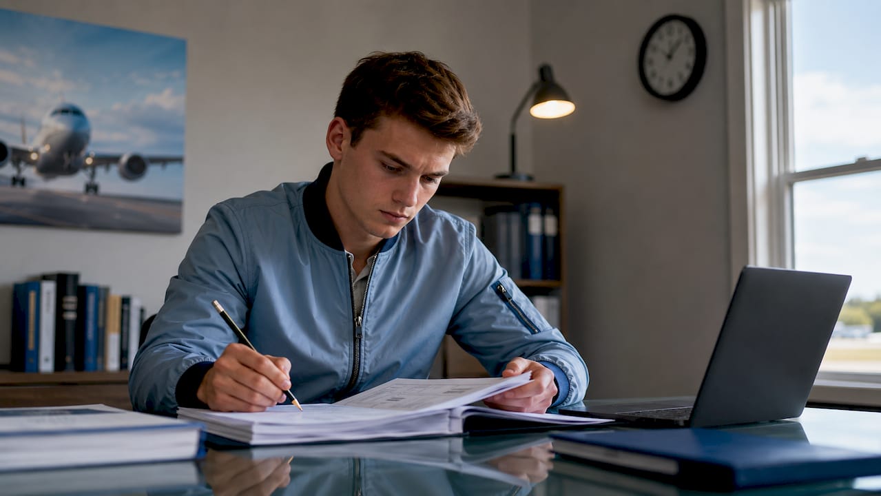 Pilot reviewing FAA night flight training regulations at desk