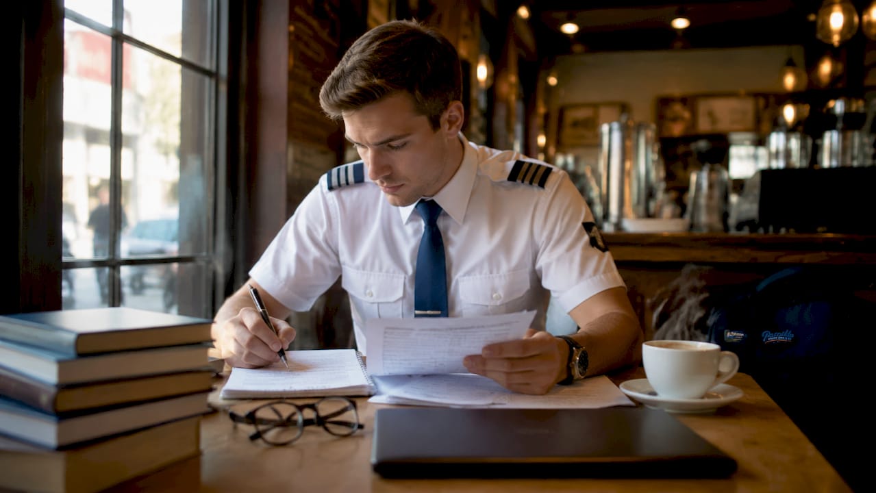 Pilot preparing at desk for airline interview