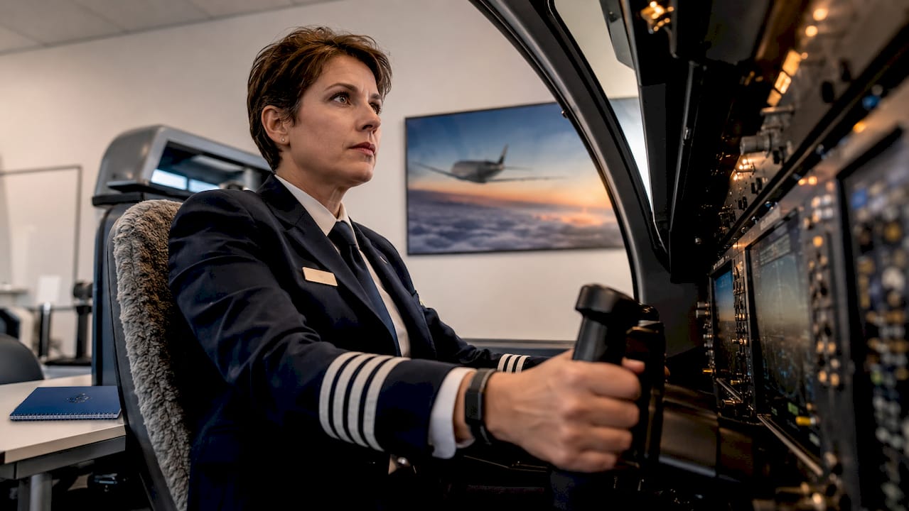Pilot undergoing technical interview in simulator