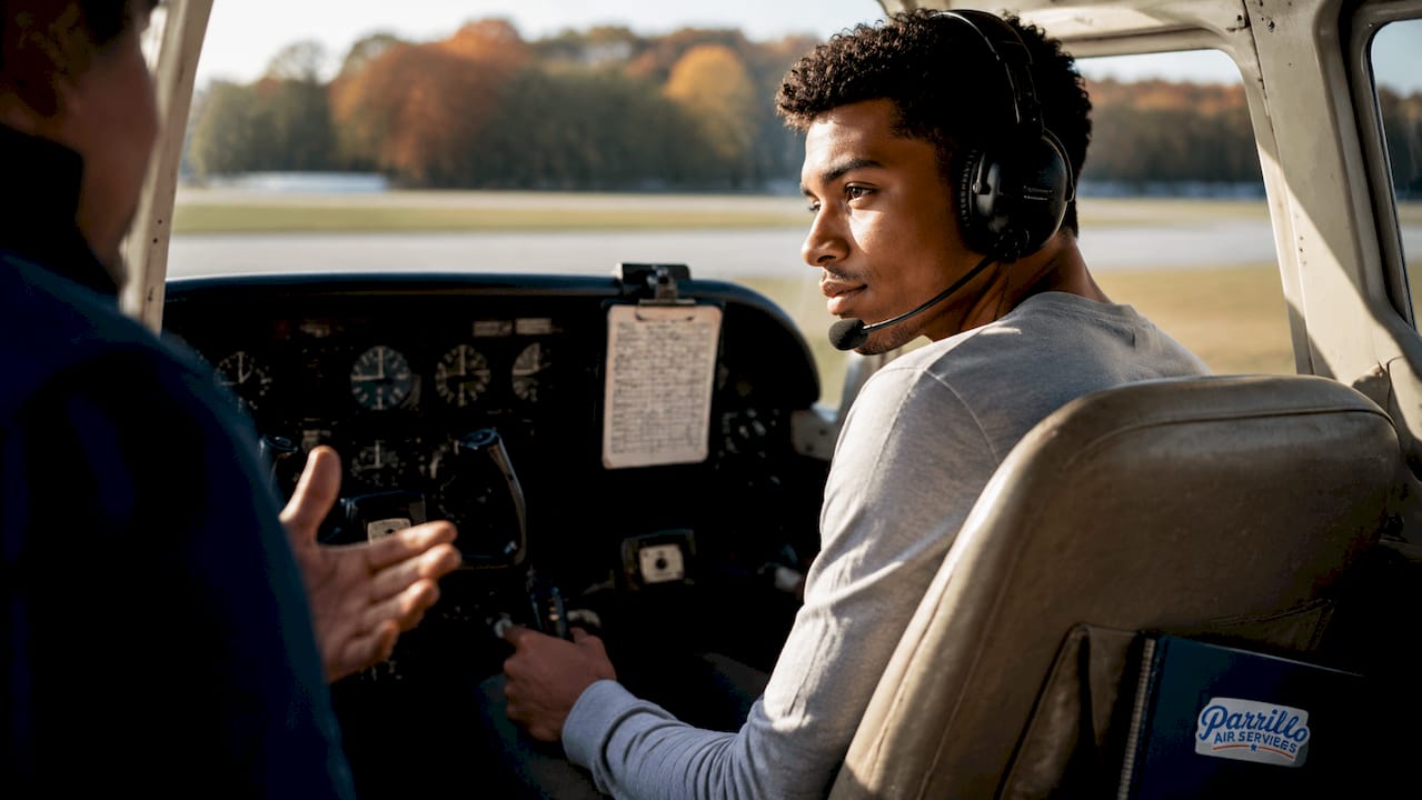 Student pilot learning in small airplane cockpit