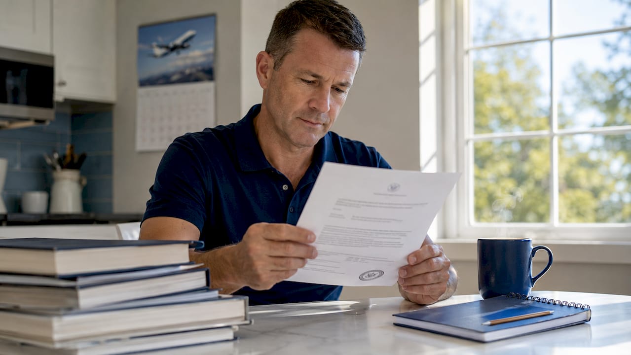 Pilot reviewing medical certificate at home desk