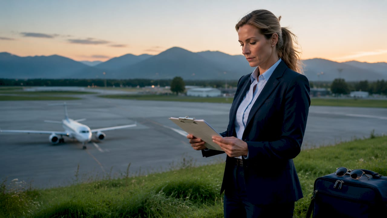 Female pilot reviewing career plan by aircraft outdoors