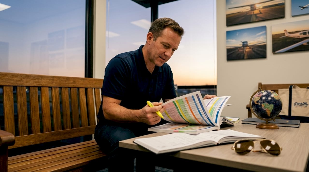 Adult pilot trainee studying flight manuals at desk