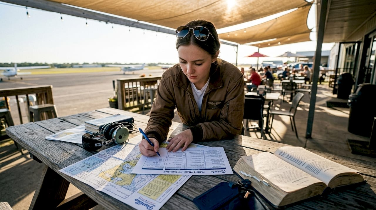 Pilot trainee reviewing flight training schedule