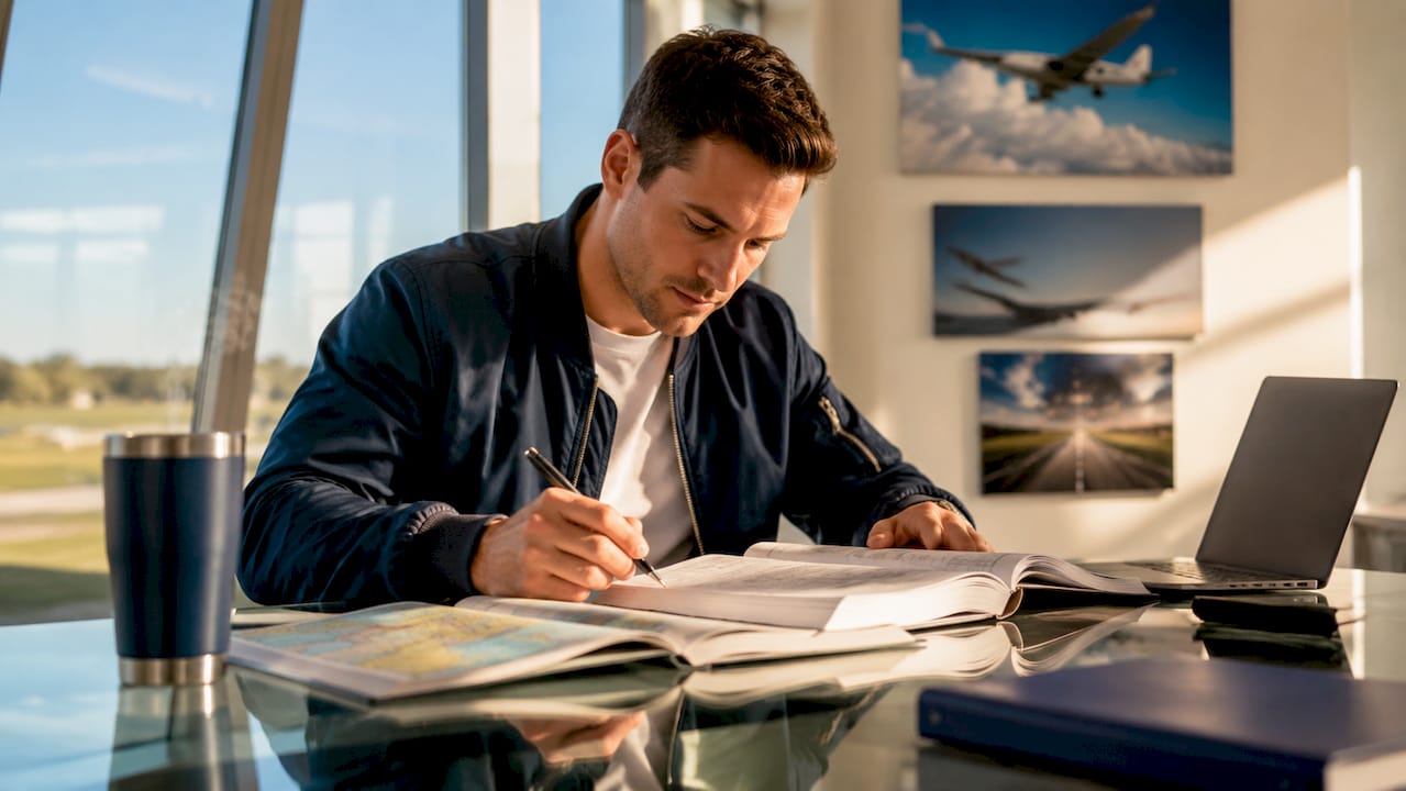 Pilot reviewing flight hours in logbook