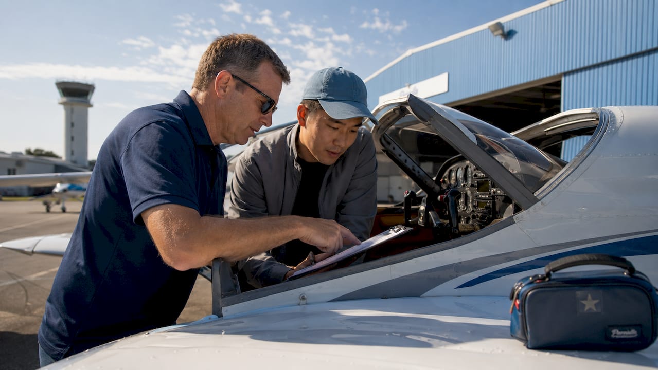 Flight instructor and adult student prepping airplane cockpit