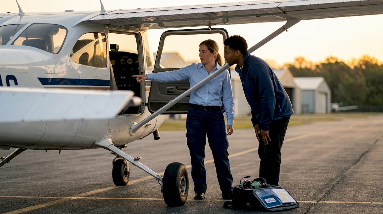 Flight instructor explaining cockpit controls outdoors