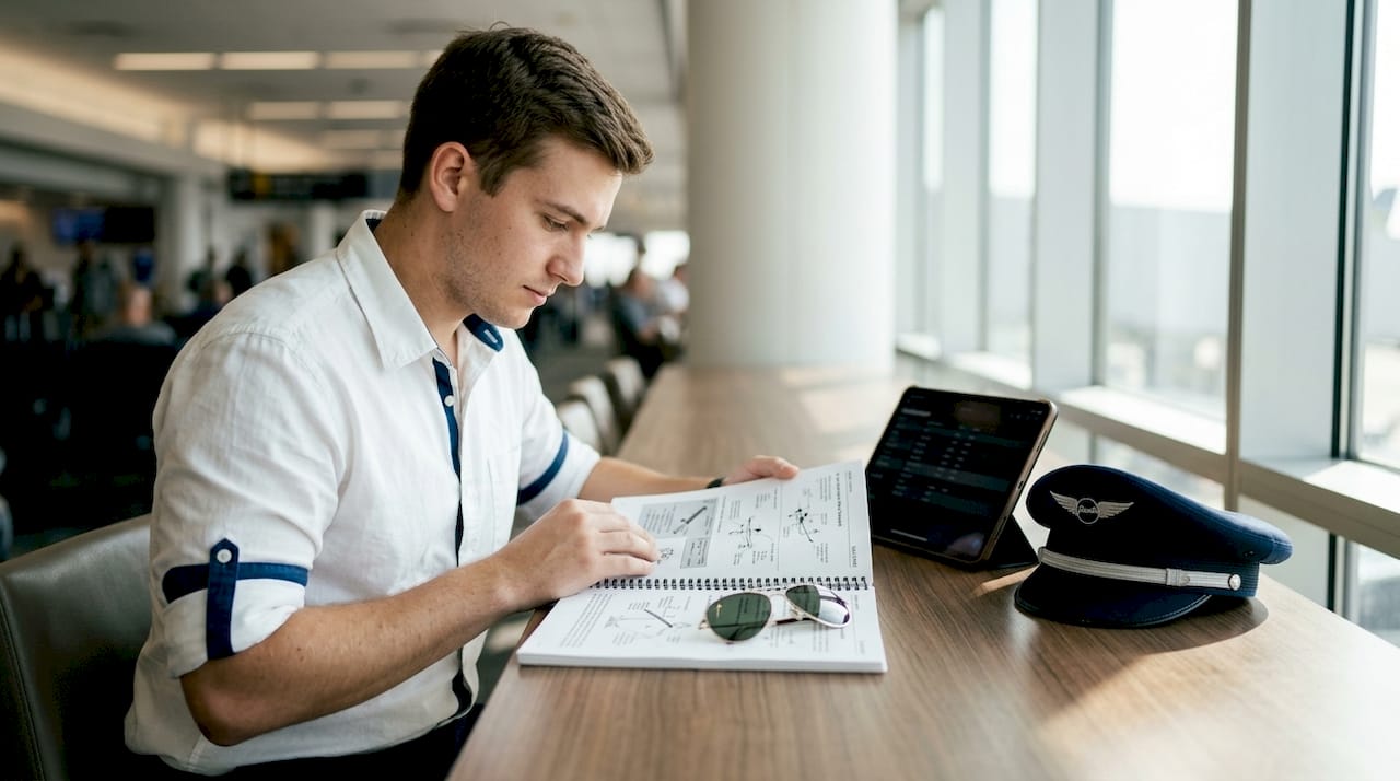 Pilot trainee studying license manual at desk