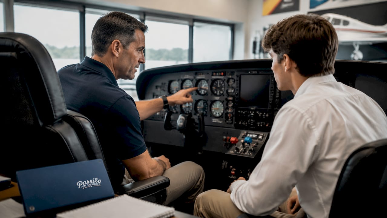 Flight instructor teaching student in airplane cockpit