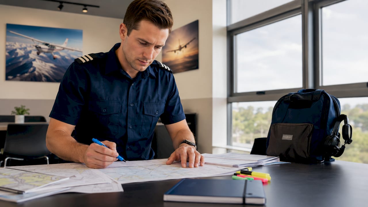 Pilot reviewing instrument flight plan at desk