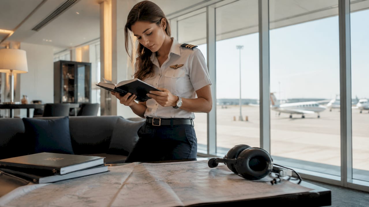 Female pilot verifying flight currency records