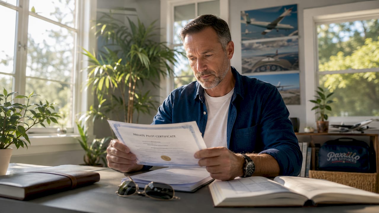 Pilot reviewing private pilot certificate documents