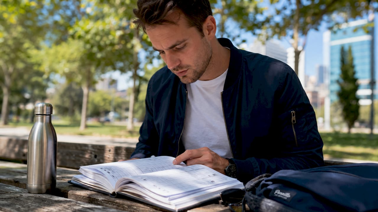 Pilot reviewing flight logbook in home office