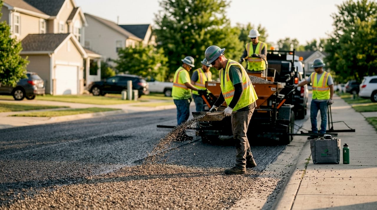Paving crew applying chip seal on a street