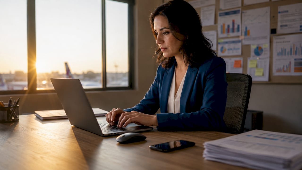 Hands typing CRM data in airline operations office