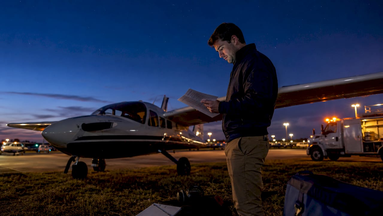 Pilot checking checklist beside airplane at dusk