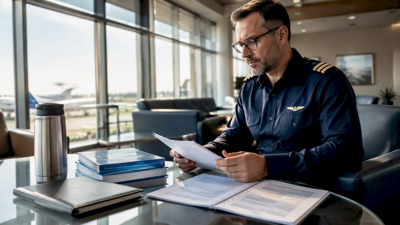 Pilot reviewing aircraft airworthiness documents