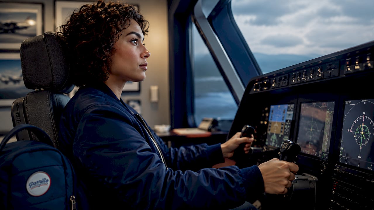 Student pilot practicing emergency procedures in simulator