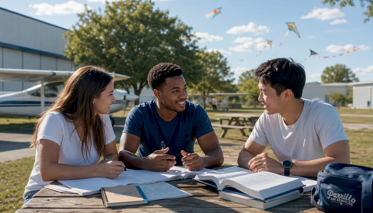 Flight school classroom with instructor and students