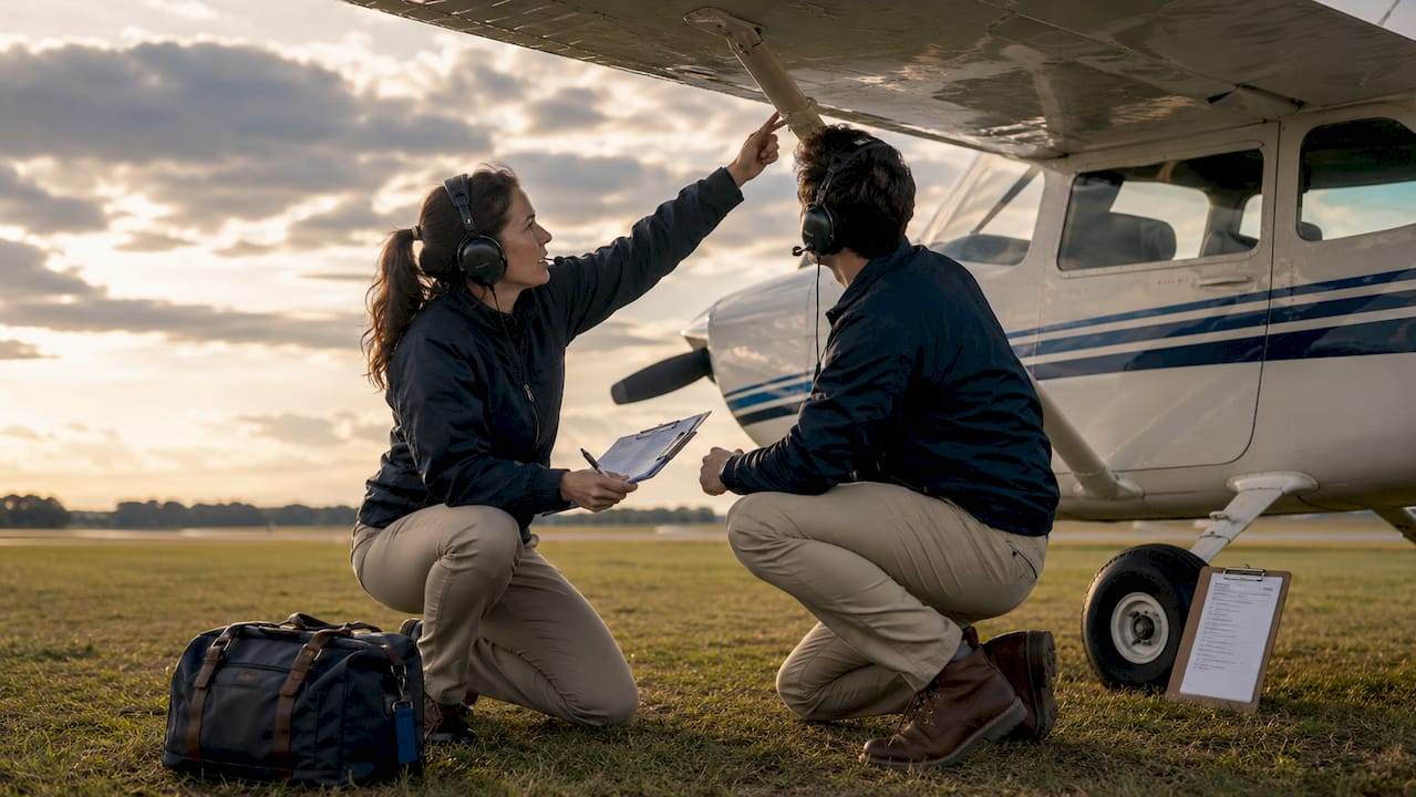 Instructor explains pre-solo flight training beside plane