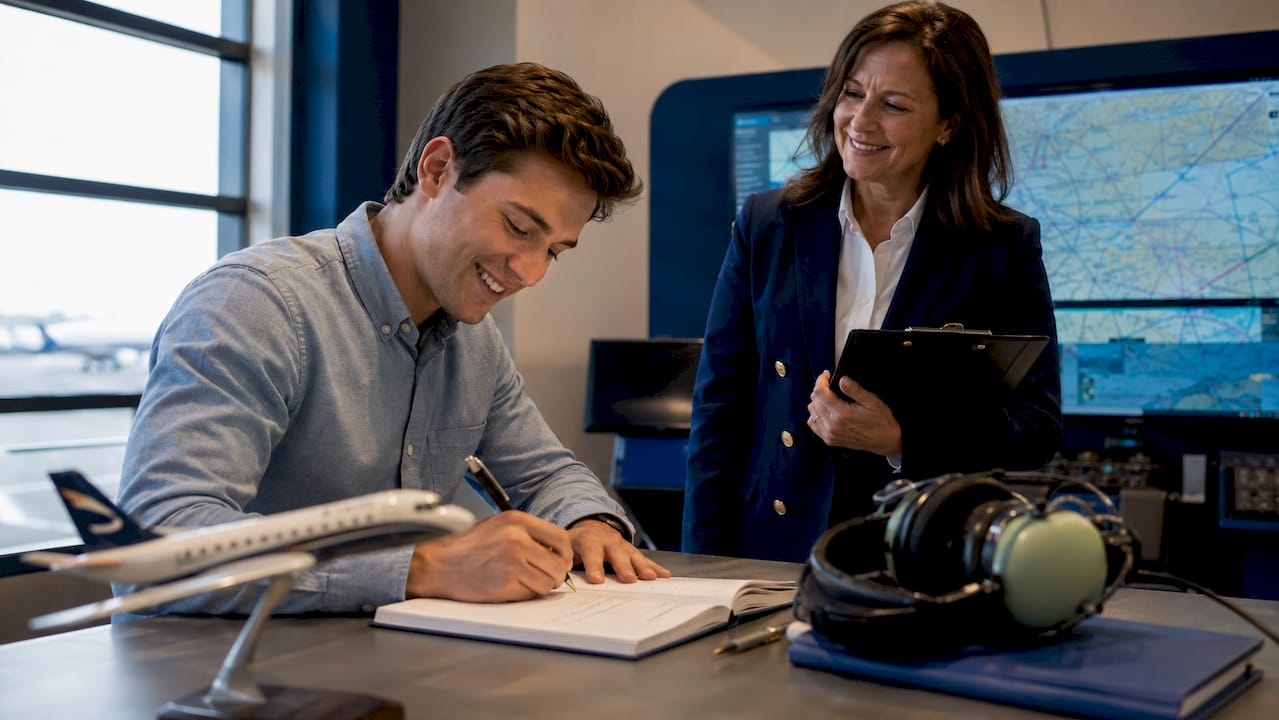 Student pilot receives logbook endorsement from instructor