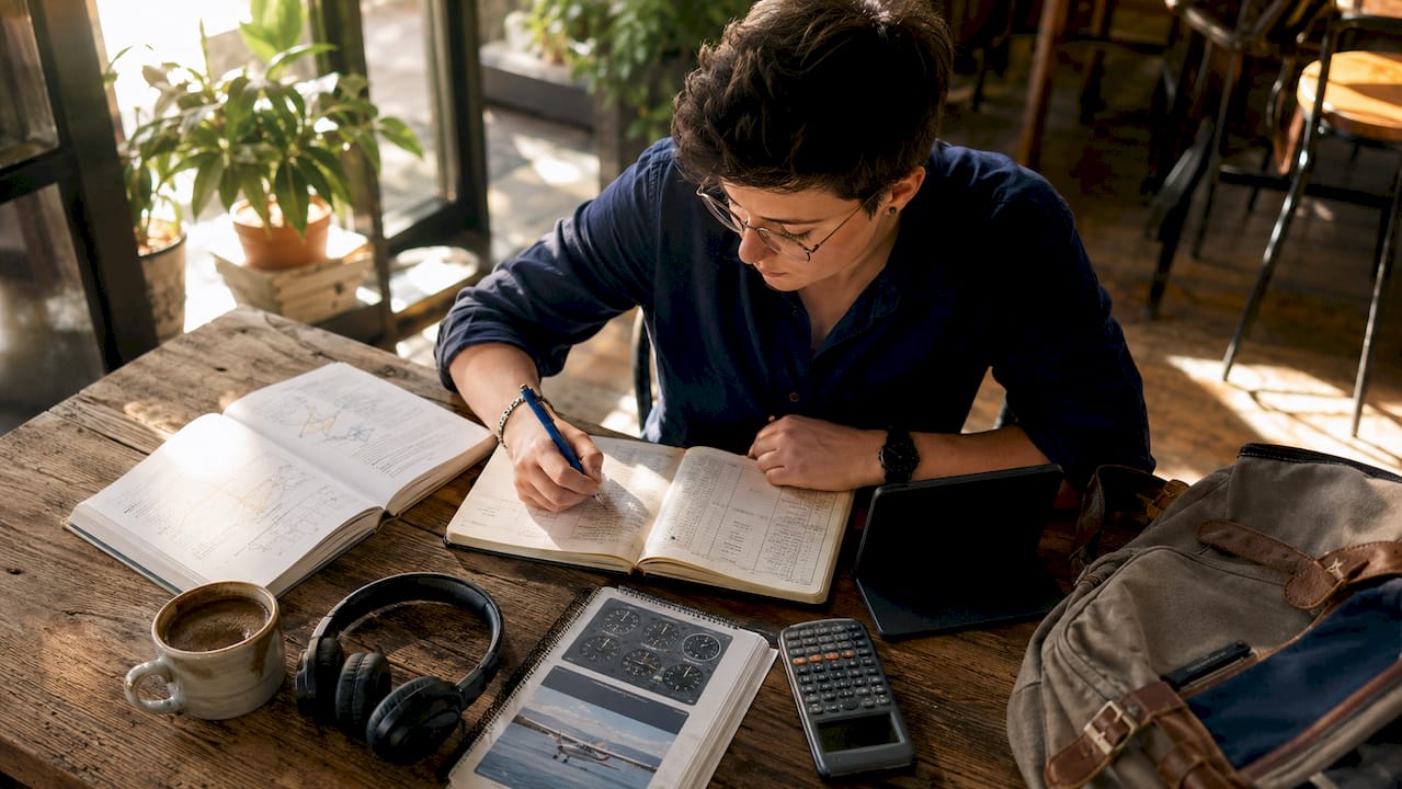 Student studying pilot training costs at home desk