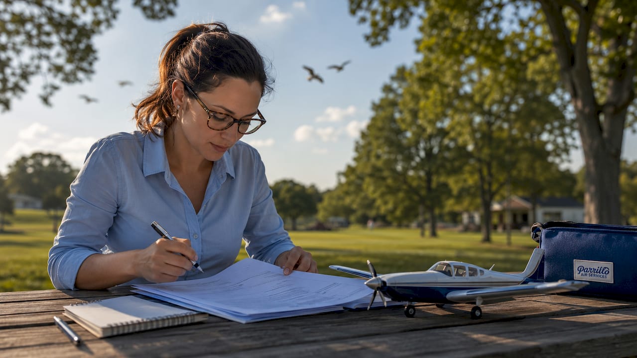Pilot reviewing FAA exam documents indoors at desk