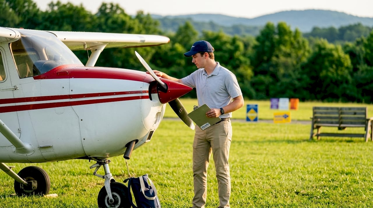Flight instructor inspecting training airplane outdoors