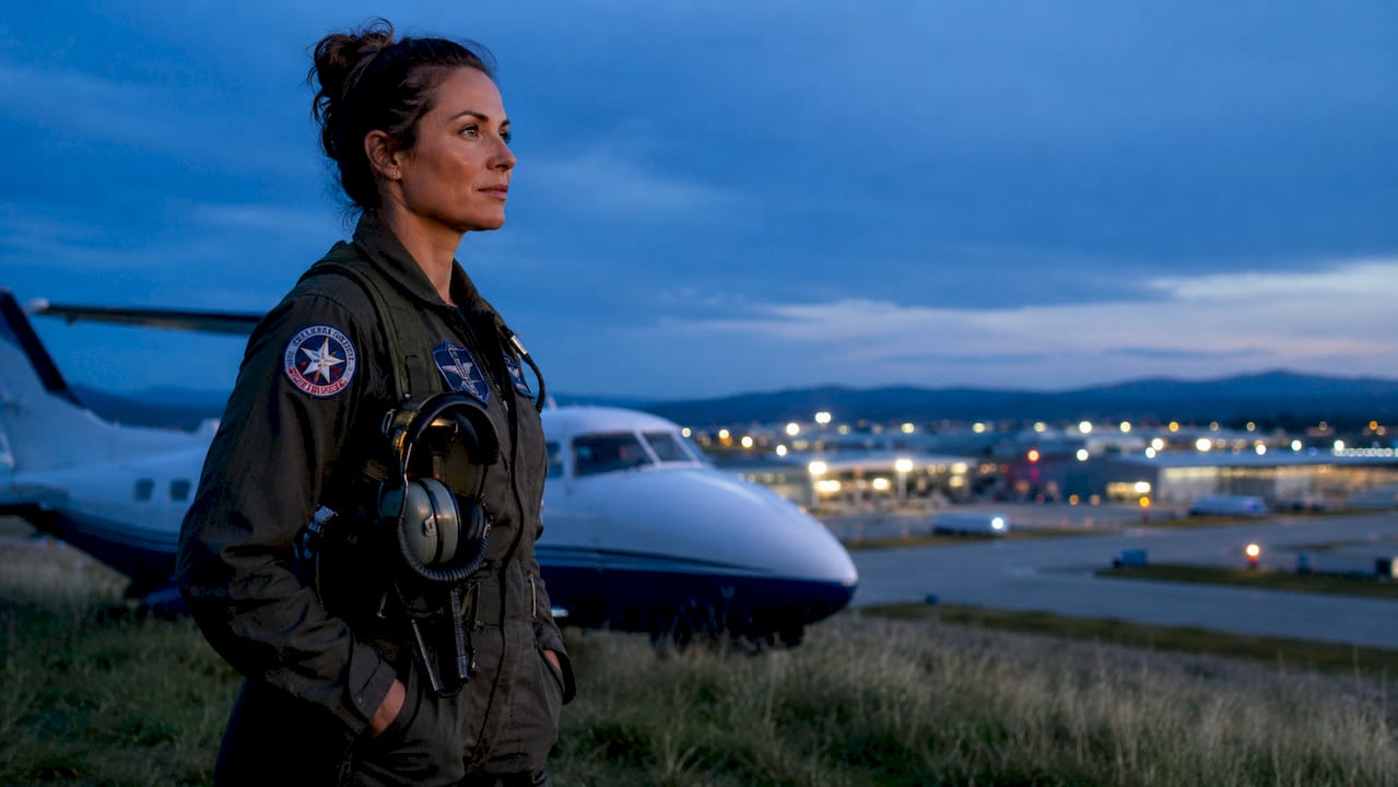 Female pilot in flight suit standing outdoors at airport tarmac