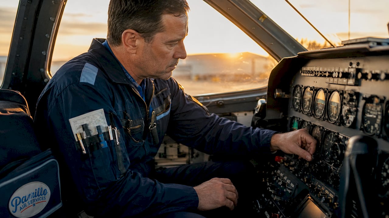 Flight engineer in cockpit adjusting controls