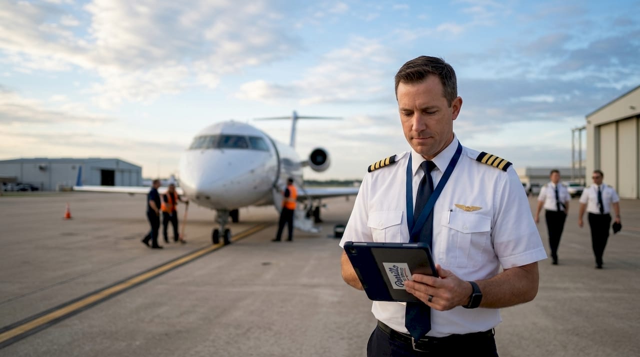 Regional airline captain reviewing flight pay on tarmac