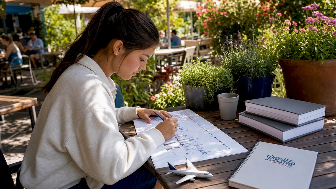 Young pilot trainee planning aviation career timeline