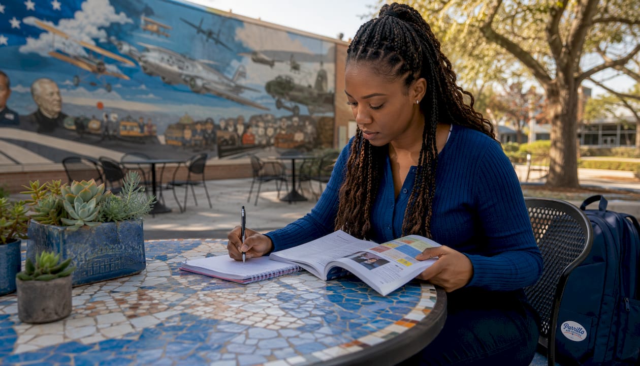 Pilot trainee taking notes in ground school