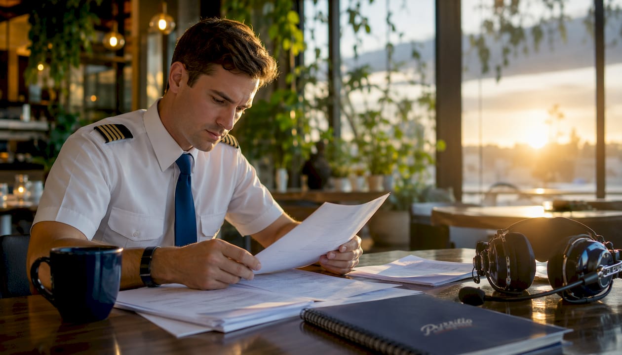 Pilot studying aircraft type rating documents