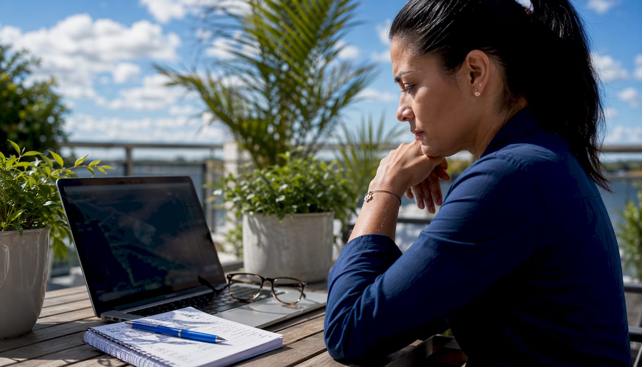 Woman analyzing flight tracking data on laptop