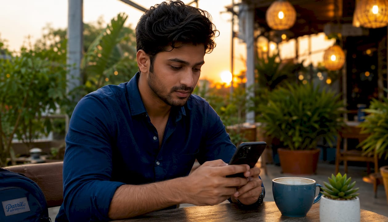 Man using iOS flight tracking app in café