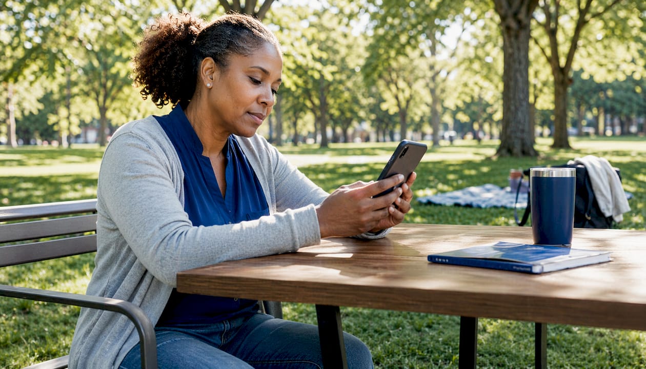 Woman using flight tracking app at home